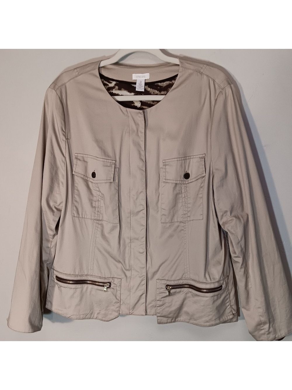 Chico's Khaki cropped‎ jacket sz 3